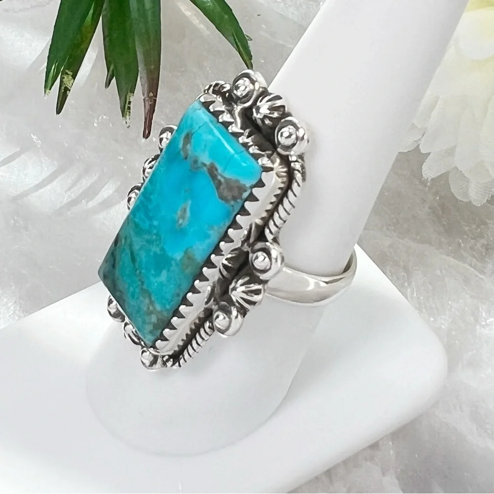 Genuine Mohave Turquoise Ring Size 8 Solid Sterling Silver 925 Native Southwest - Picture 3 of 10